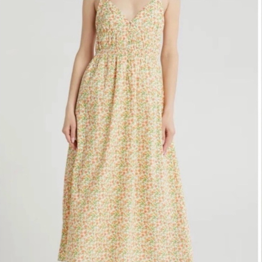 Wayf Peach & Green Floral Smocked Maxi Dress